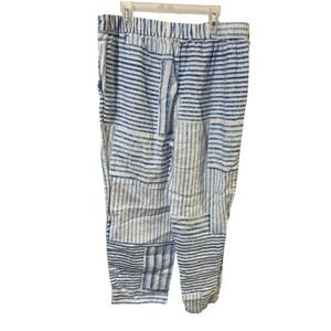 Chicos Size 1 8 Linen  Blue White Striped Print Cropped Pants